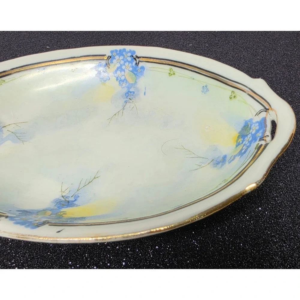 Te-Oh China Hand Painted Nippon Forget Me Not Floral Nut Bowl Gold Trim Oval
